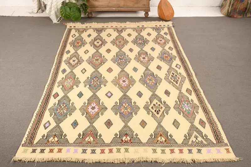 Vintage Türk Halısı, 5.9x8.5 ft Kilim Halı, Bej Büyük Düz Halı - 1