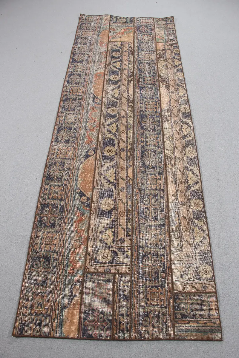 Turuncu Desenli Mavi Halı, 2,9x8,7 ft Zarif Dekor