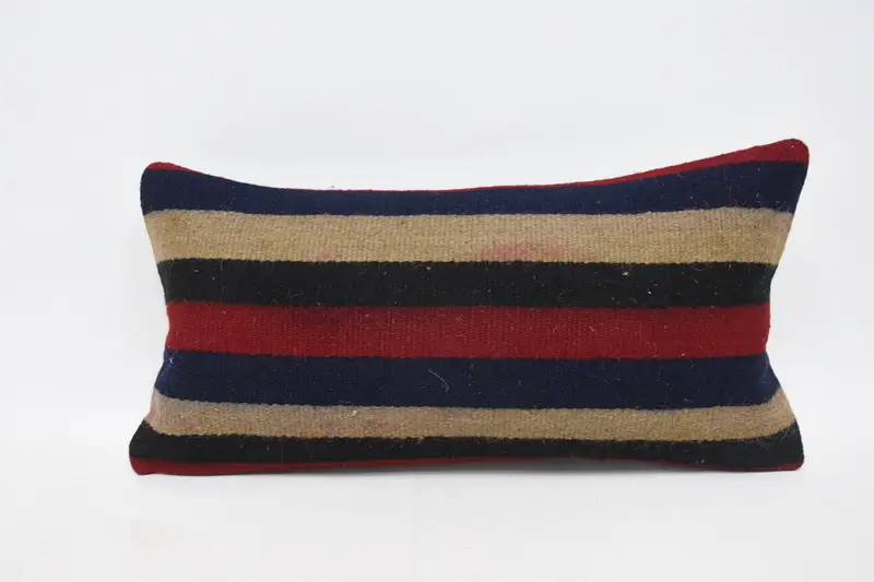 Striped Turkish Blue Pillow, Wool Moroccan 12x24 inch Pillow Sham - 1