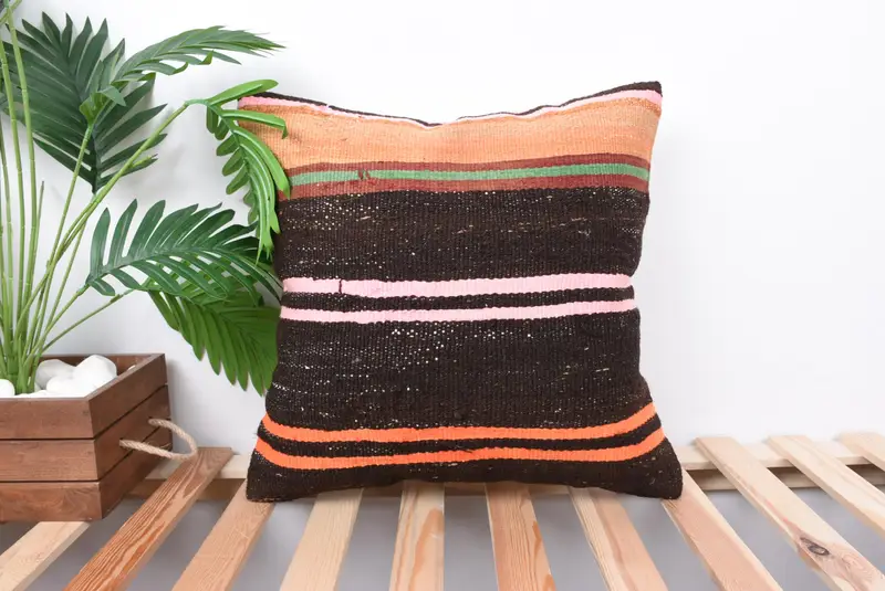 Vintage Kilim Pillow, Handwoven Cushion, Pillow Sham, Kilim Cushion Sham, Armchair Pillow Sham, 18x18 Brown Pillow, Home Decor Pillow - 1