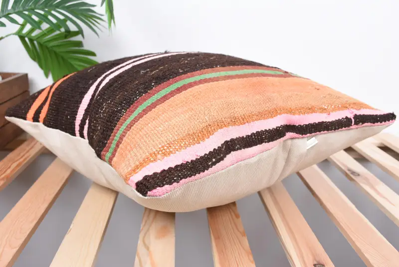 Vintage Kilim Pillow, Handwoven Cushion, Pillow Sham, Kilim Cushion Sham, Armchair Pillow Sham, 18x18 Brown Pillow, Home Decor Pillow - 6