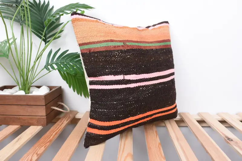 Vintage Kilim Pillow, Handwoven Cushion, Pillow Sham, Kilim Cushion Sham, Armchair Pillow Sham, 18x18 Brown Pillow, Home Decor Pillow - 4
