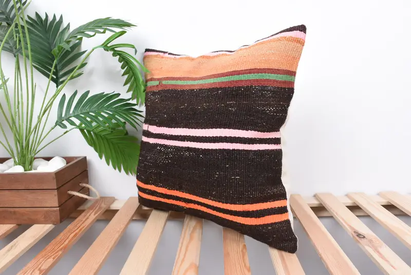 Vintage Kilim Pillow, Handwoven Cushion, Pillow Sham, Kilim Cushion Sham, Armchair Pillow Sham, 18x18 Brown Pillow, Home Decor Pillow - 5