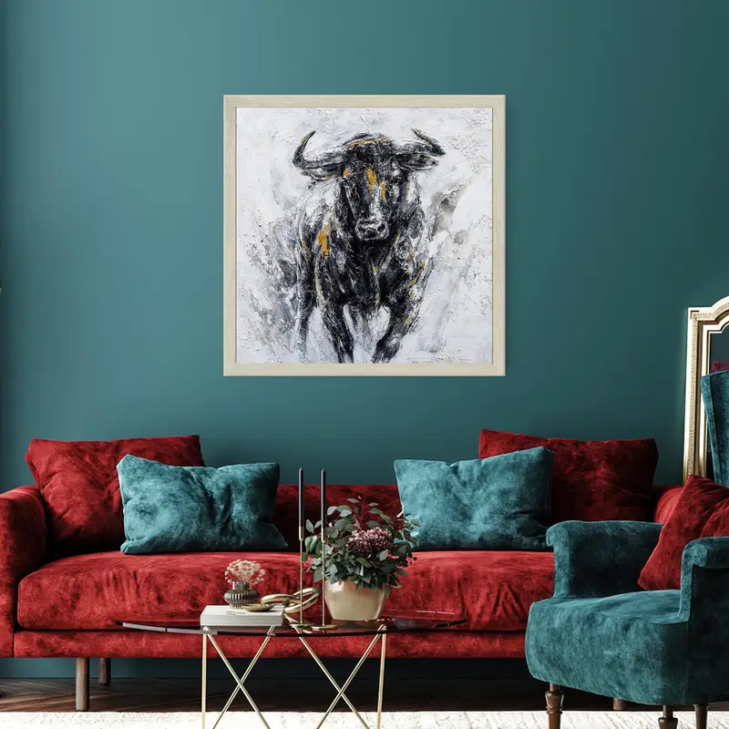 Modern Black Bull Abstract Printed Glass for Man Cave Loft