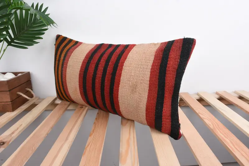 Antique Pillows, Pillow Cover, Throw Kilim Pillow, Authentic Pillow Cover, Ethnical Kilim Rug Pillow, 12x24 Red Cushion Cover - 5