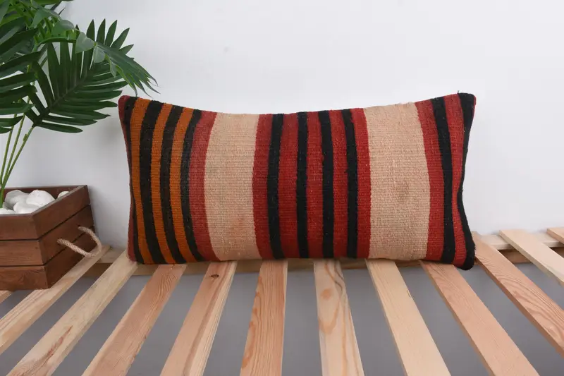 Antique Pillows, Pillow Cover, Throw Kilim Pillow, Authentic Pillow Cover, Ethnical Kilim Rug Pillow, 12x24 Red Cushion Cover - 1