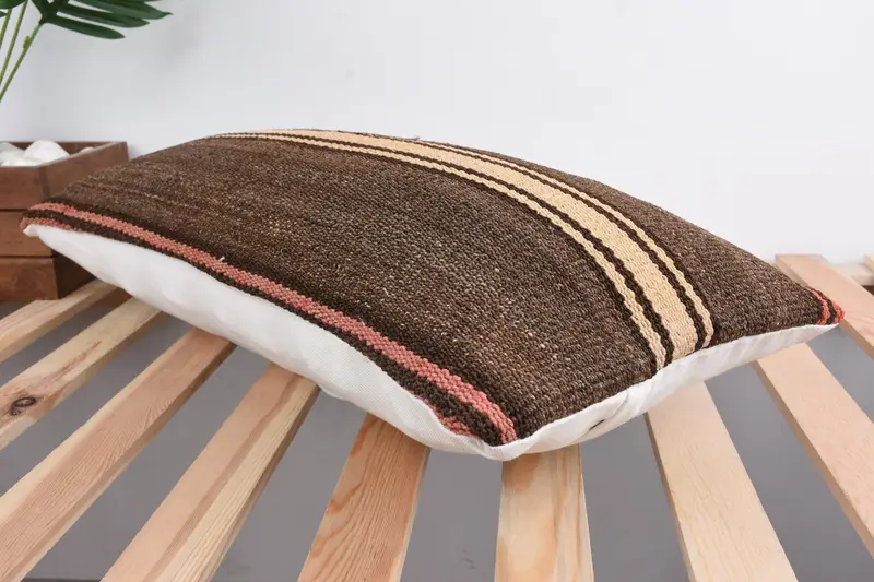 Vintage Kilim Throw Pillow, 12x24 Brown Pillow Sham, Oriental Pillow Sham, Turkish Pillow, Cushion, Handmade Kilim Cushion, Shabby Chic Pillow Sham - 6