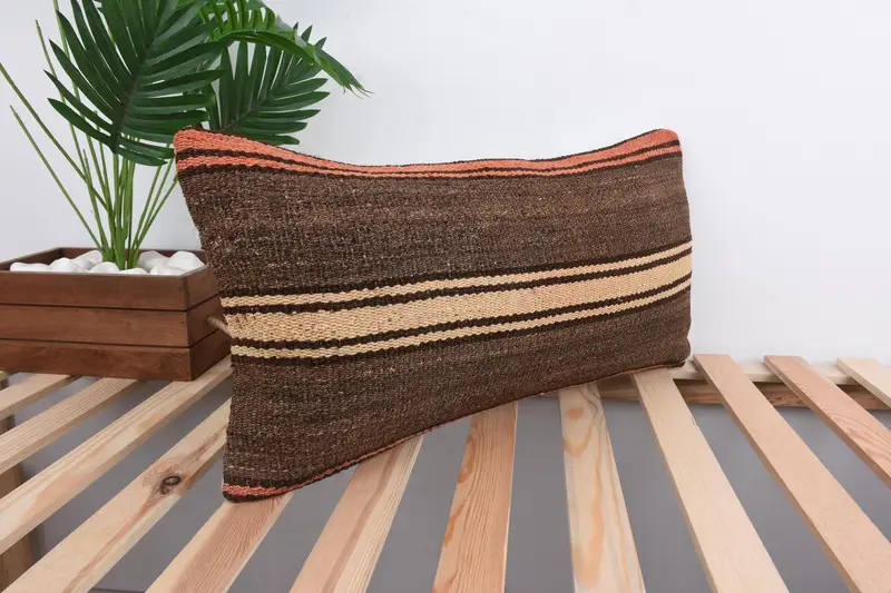 Vintage Kilim Throw Pillow, 12x24 Brown Pillow Sham, Oriental Pillow Sham, Turkish Pillow, Cushion, Handmade Kilim Cushion, Shabby Chic Pillow Sham - 4