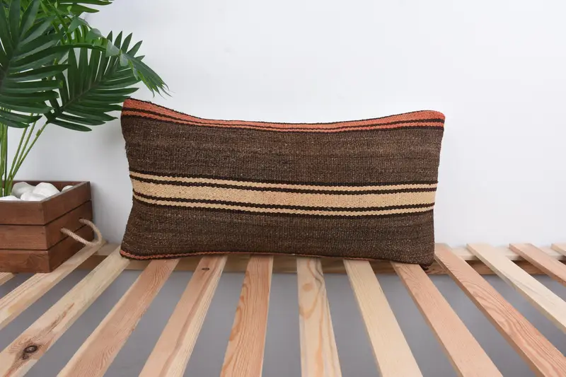 Vintage Kilim Throw Pillow, 12x24 Brown Pillow Sham, Oriental Pillow Sham, Turkish Pillow, Cushion, Handmade Kilim Cushion, Shabby Chic Pillow Sham - 1