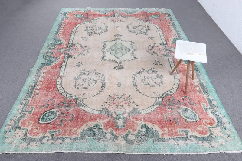 Handmade Beige Rug with Red Border, 0.7x10.7 ft