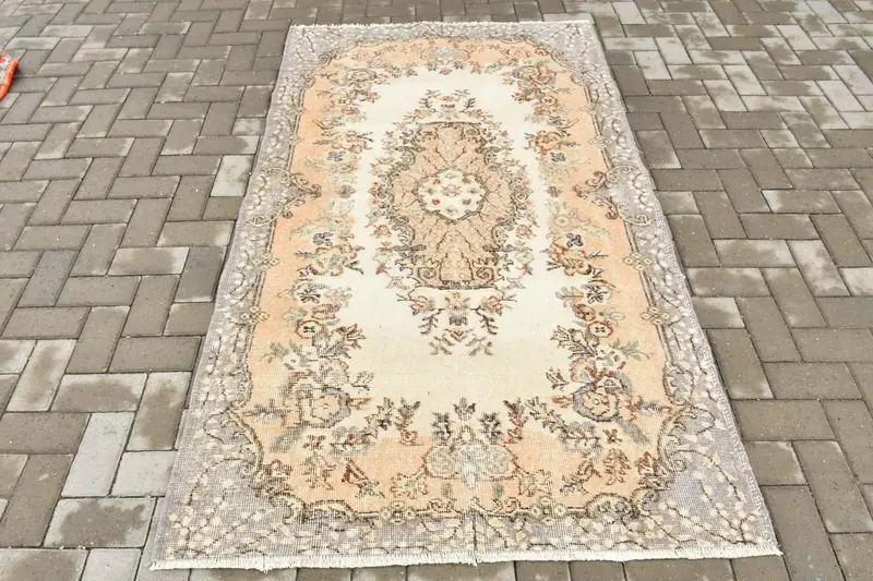 Oushak Türk Halısı, 3.9x6.8 ft Vintage Halı, Kahverengi Çizgili Yün Halı - 1