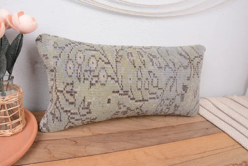 Almohada de tiro del suroeste verde y marrón hecha a mano, almohada rectangular vintage