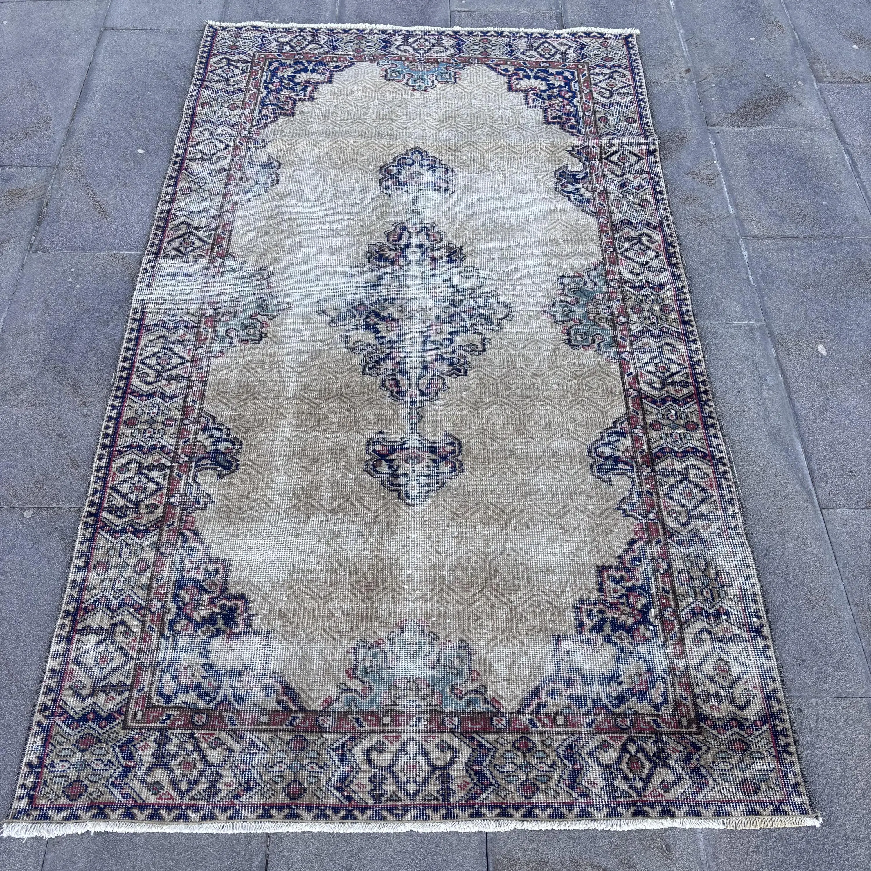 Rug, 3.7x6.4 ft Vintage Rug, Blue Ikat Rug Wool - 1