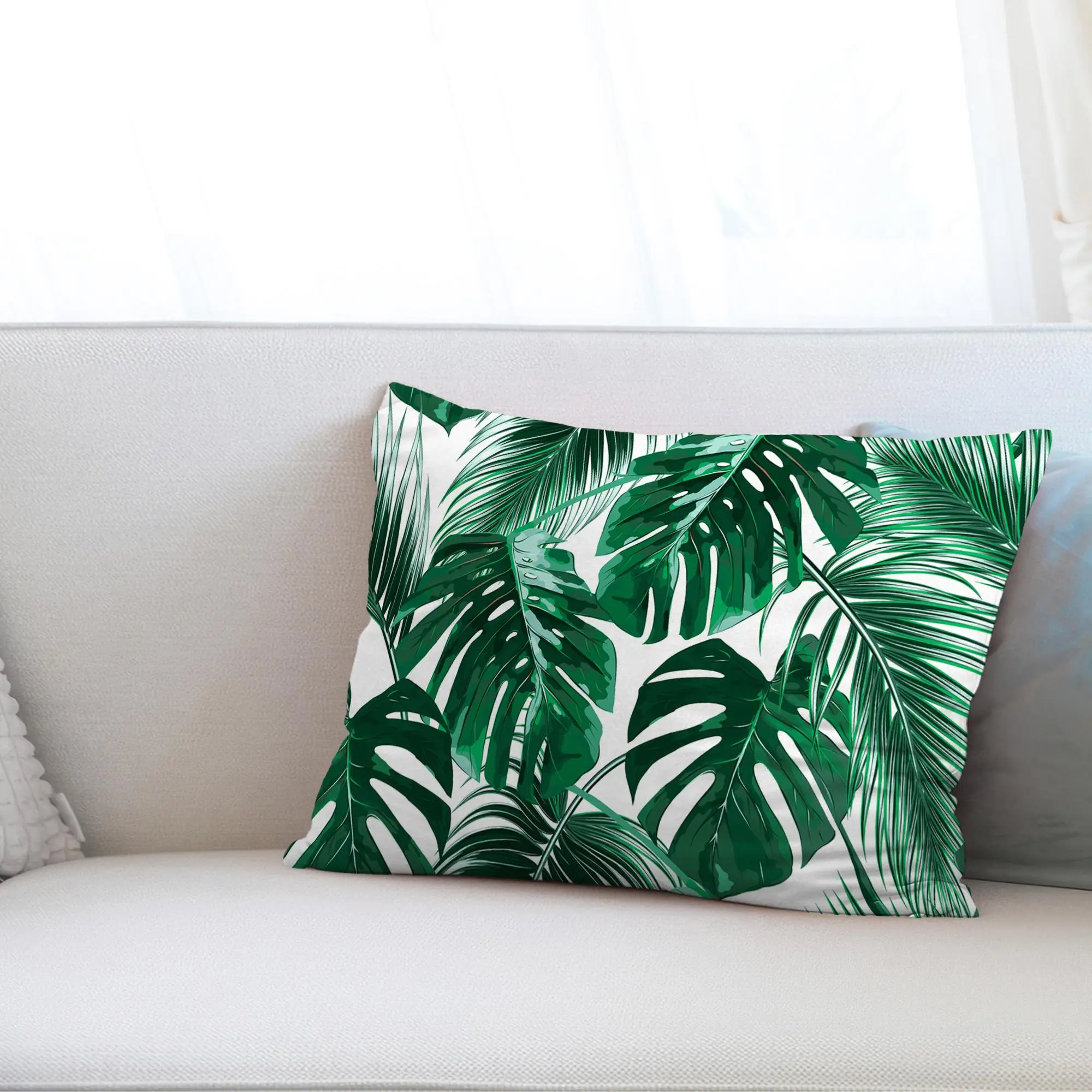 Green Palm Leaf Printed Pillow - Tropical Home Decor Accent - 1