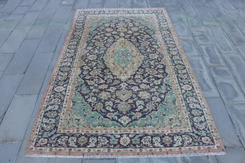 Turkish Large Rug 6.1x9.6 ft, Blue Green Polka dot Rug Wool - 1