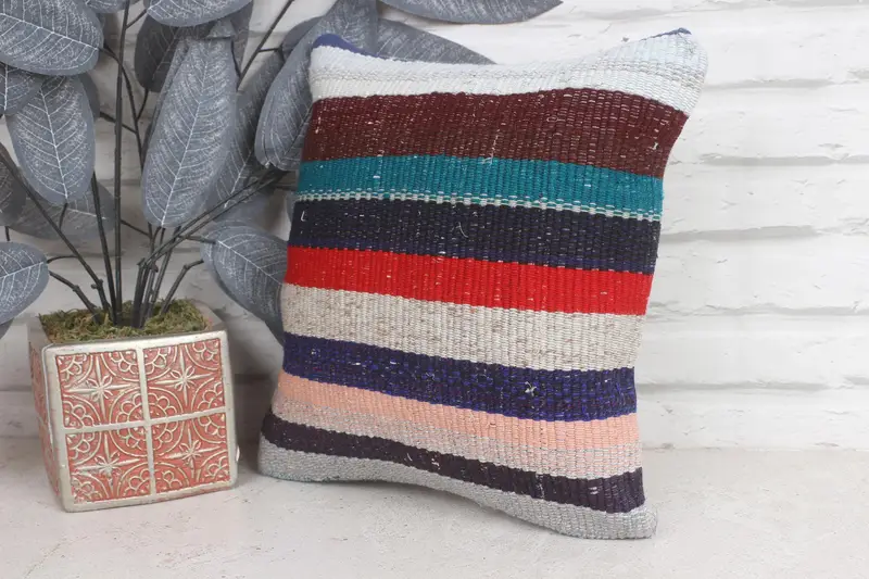 Turkish Kilim Pillow, Art Deco Pillow Cover, Bench Pillow Sham, Handmade Kilim Cushion, Cushion, 12x12 Blue Pillow Cover, Pillow for Couch - 4
