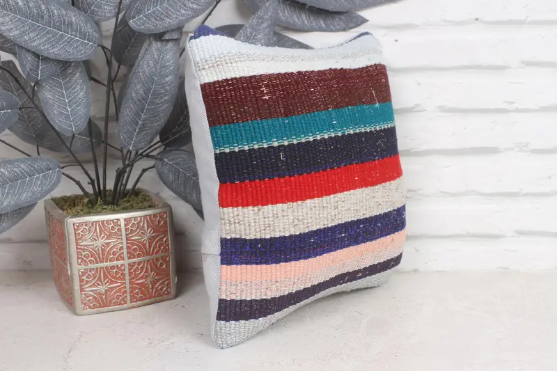 Turkish Kilim Pillow, Art Deco Pillow Cover, Bench Pillow Sham, Handmade Kilim Cushion, Cushion, 12x12 Blue Pillow Cover, Pillow for Couch - 3