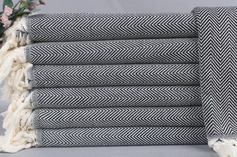 Personalized Turkish Beach Towel, Black, Herringbone Pattern, 40x71 Inches