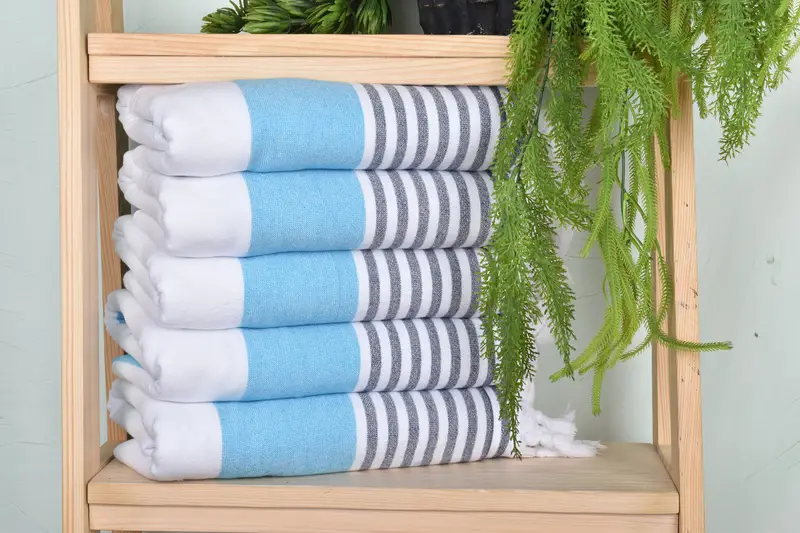 Handmade Striped Terry Towel, Organic Cotton, Turquoise-Navy, 36x67 Inches