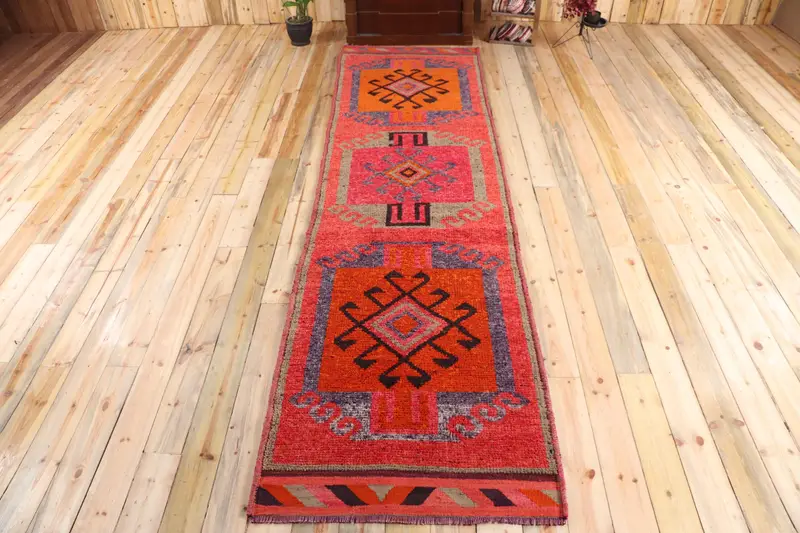 3.3x12.1 ft Rug, Turkish Vintage Rug, Red Purple Bordered Wool Rug - 1