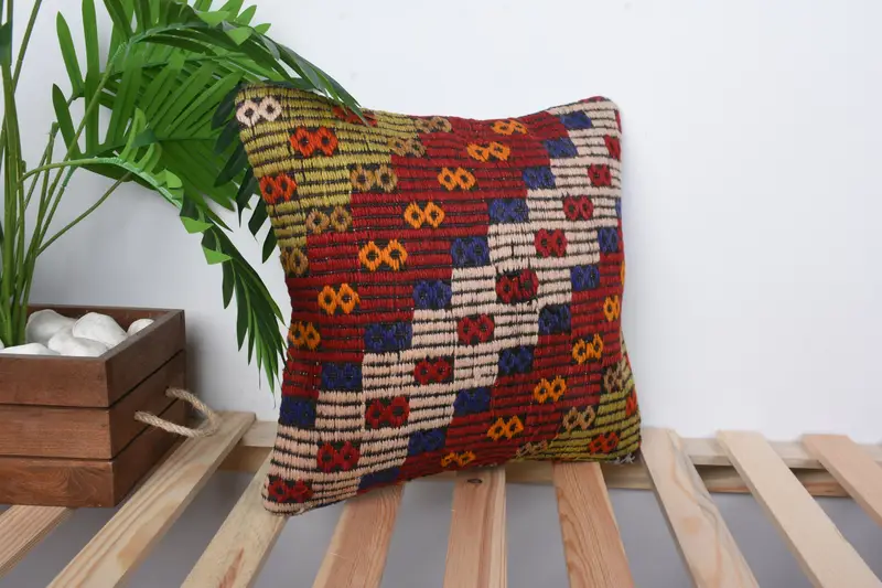 Pillow Case, Turkish Kilim Pillow, Home Decor Pillow, 14x14 Red Cushion Case, Natural Cushion Cover, Pastel Pillow Cover, Boho Pillow - 4