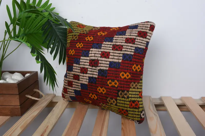 Pillow Case, Turkish Kilim Pillow, Home Decor Pillow, 14x14 Red Cushion Case, Natural Cushion Cover, Pastel Pillow Cover, Boho Pillow - 5