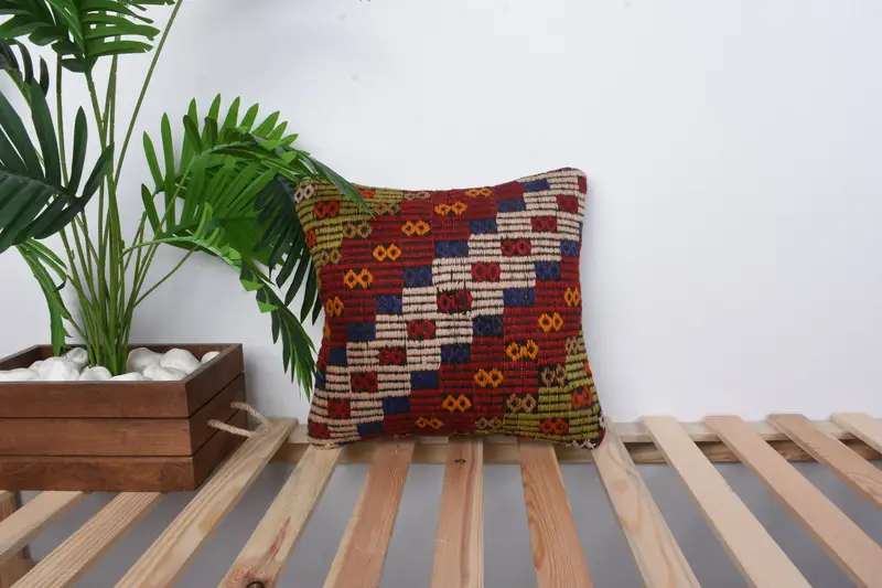 Pillow Case, Turkish Kilim Pillow, Home Decor Pillow, 14x14 Red Cushion Case, Natural Cushion Cover, Pastel Pillow Cover, Boho Pillow - 1