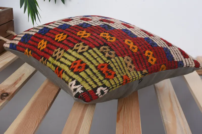 Pillow Case, Turkish Kilim Pillow, Home Decor Pillow, 14x14 Red Cushion Case, Natural Cushion Cover, Pastel Pillow Cover, Boho Pillow - 6