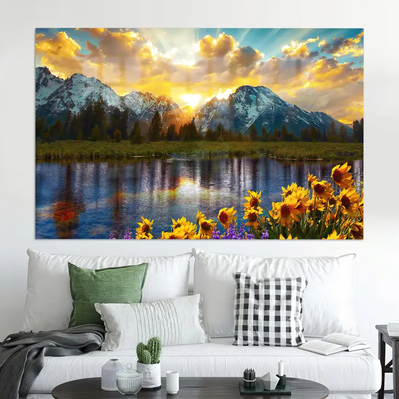 Zarif Gün Batımı Dağ Manzarası Ayçiçeği Baskılı Cam
