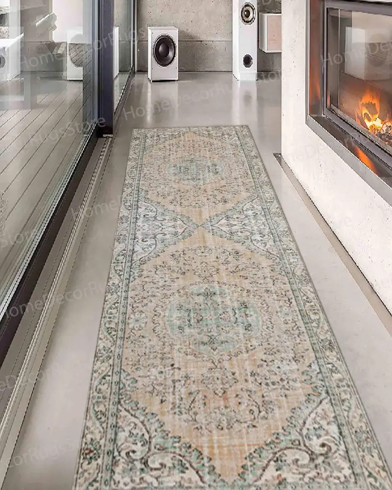 グリーン花柄プリントラグ：アンティークデザイン、エスニックトライバルパターン