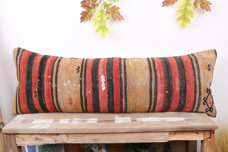 Turkish Kilim Pillow, Bolster Pillow Cover, Antique Pillows, Vintage Kilim Pillow, 12x36 Red Pillow Sham, Cushion, Boho Chic Pillow Case - 2