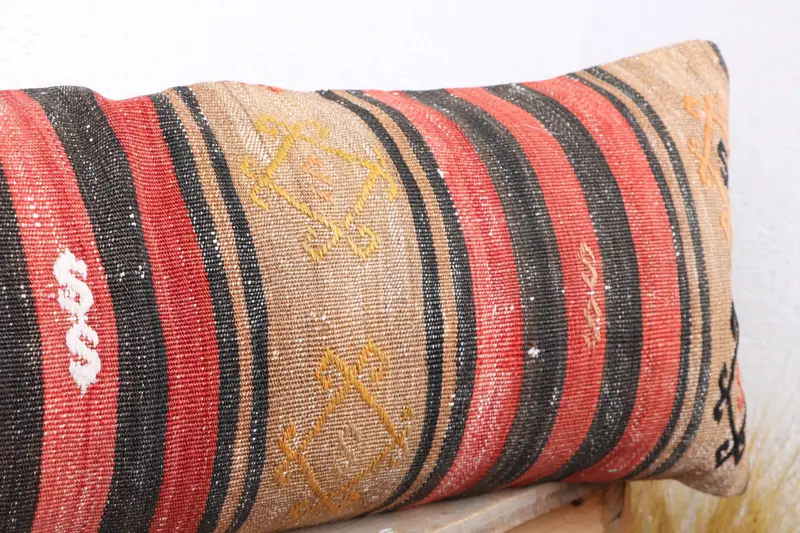 Turkish Kilim Pillow, Bolster Pillow Cover, Antique Pillows, Vintage Kilim Pillow, 12x36 Red Pillow Sham, Cushion, Boho Chic Pillow Case - 5