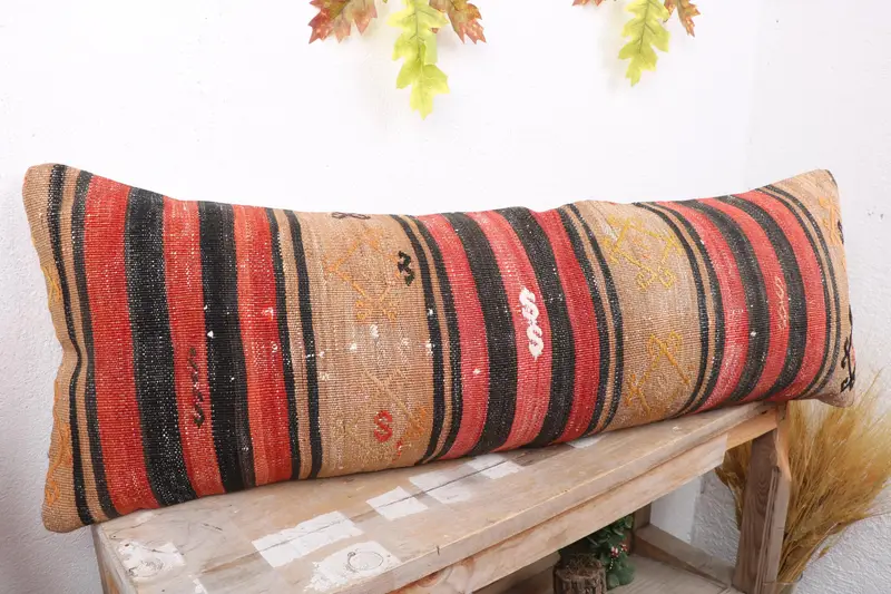 Turkish Kilim Pillow, Bolster Pillow Cover, Antique Pillows, Vintage Kilim Pillow, 12x36 Red Pillow Sham, Cushion, Boho Chic Pillow Case - 4