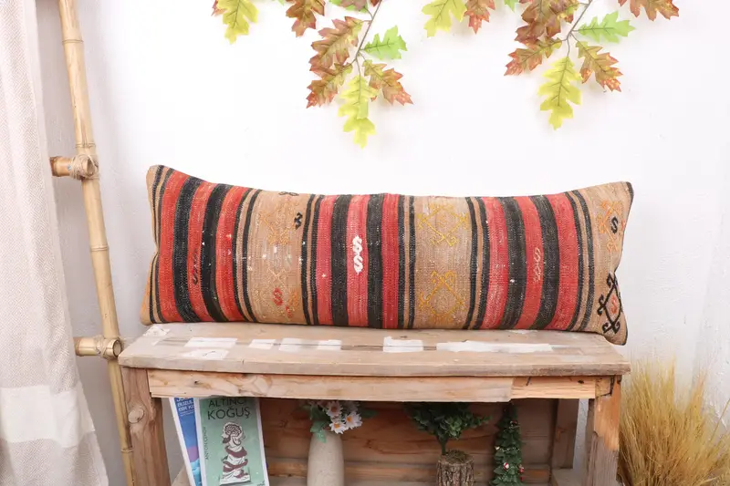 Turkish Kilim Pillow, Bolster Pillow Cover, Antique Pillows, Vintage Kilim Pillow, 12x36 Red Pillow Sham, Cushion, Boho Chic Pillow Case - 1