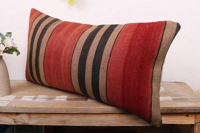 Pillow Cover, Ethnical Kilim Rug Pillow, Turkish Kilim Pillow, Bright Cushion Cover, Boho Pillow Sham Cover, 12x24 Red Pillow Sham - 4