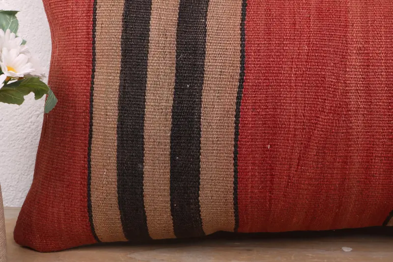 Pillow Cover, Ethnical Kilim Rug Pillow, Turkish Kilim Pillow, Bright Cushion Cover, Boho Pillow Sham Cover, 12x24 Red Pillow Sham - 3
