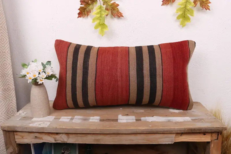 Pillow Cover, Ethnical Kilim Rug Pillow, Turkish Kilim Pillow, Bright Cushion Cover, Boho Pillow Sham Cover, 12x24 Red Pillow Sham - 1