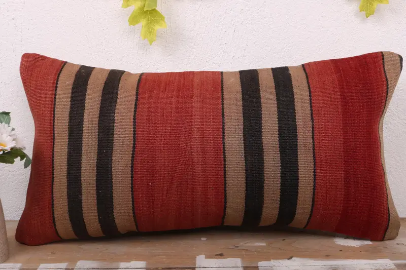 Pillow Cover, Ethnical Kilim Rug Pillow, Turkish Kilim Pillow, Bright Cushion Cover, Boho Pillow Sham Cover, 12x24 Red Pillow Sham - 2