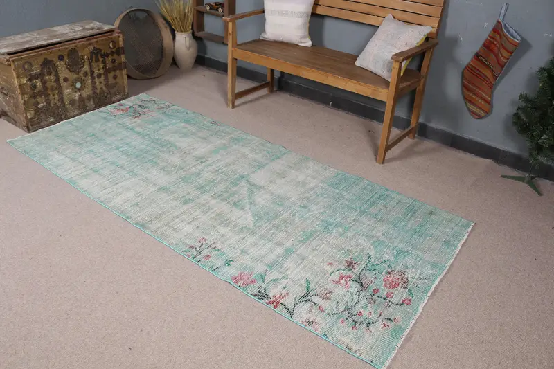 Green Animal Print Rug, 3.5x8.3 ft with Red Accents