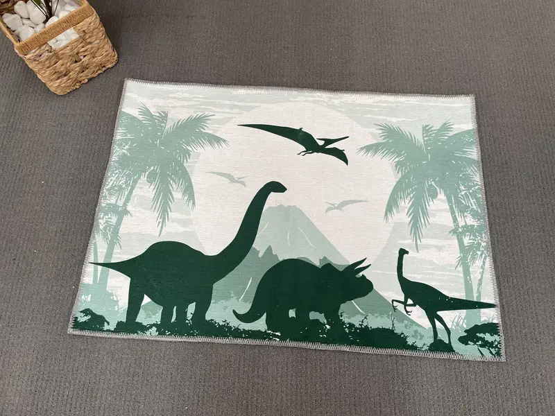 Elegante alfombra estampada con dinosaurios verdes para decoración de habitaciones infantiles
