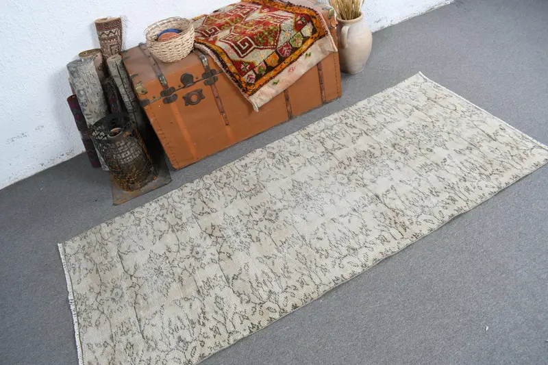 2.9x6.6 ft Halı, Türk Vintage Vurgulu Halı, Beyaz Oushak Yün Halı - 1