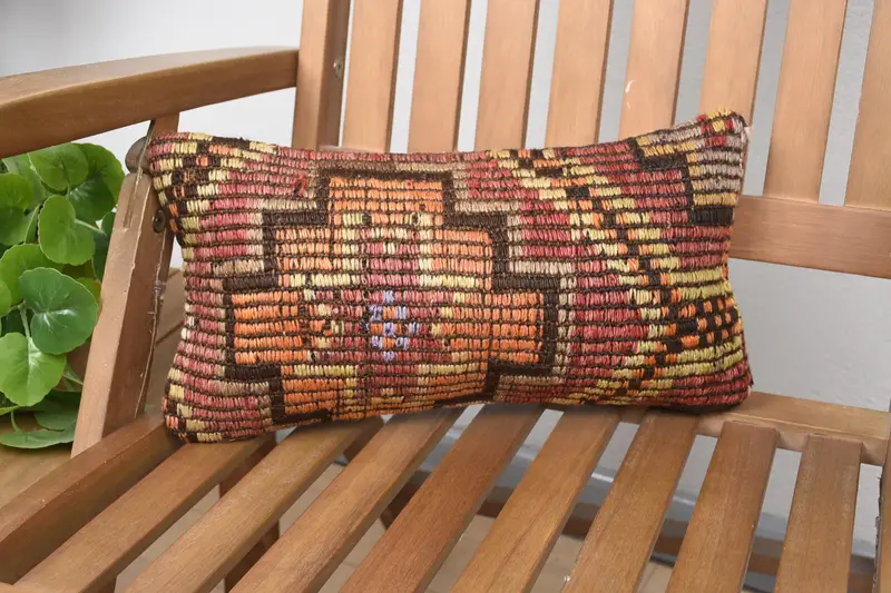 Orange & Rot besticktes Kissen, Vintage geometrisches Wurfkissen