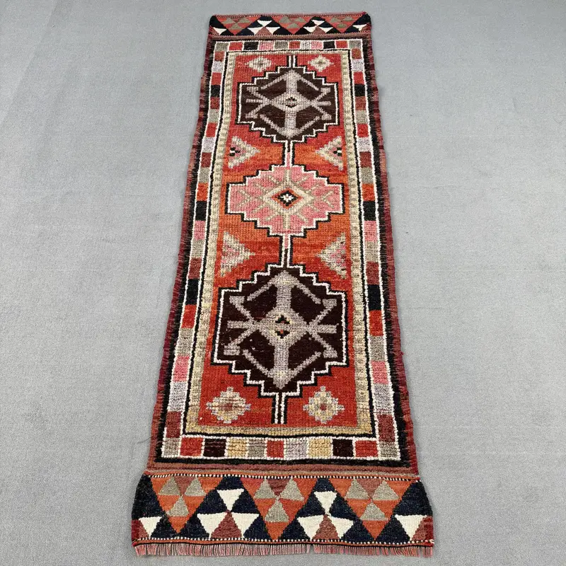 Turkish Runner Rug, 2.5x8.2 ft Vintage Rug, Red Herki Wool Rug - 1