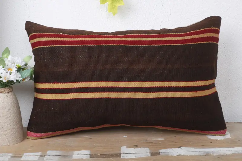 Hippie Throw Cushion, Pillow Case, Vintage Pillow, Ethnical Kilim Rug Pillow, 12x20 Brown Pillow Sham, Rustic Cushion Cover, Throw Kilim Pillow - 2