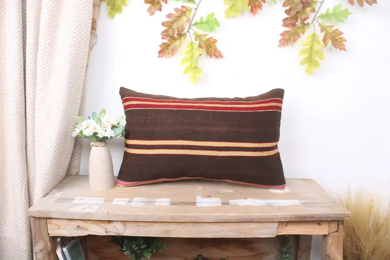 Hippie Throw Cushion, Pillow Case, Vintage Pillow, Ethnical Kilim Rug Pillow, 12x20 Brown Pillow Sham, Rustic Cushion Cover, Throw Kilim Pillow - 1