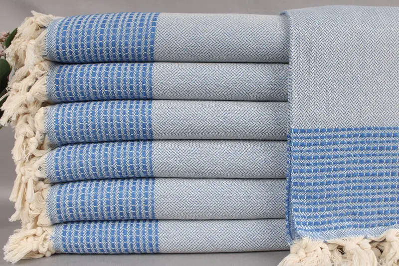 Handwoven Parliament Blue Striped Blanket, Beige, 91x95 Inches