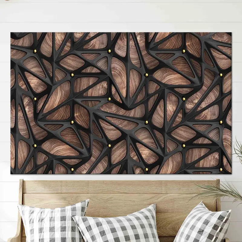 抽象的な木製キャンバス: 幾何学模様のブラウン & ブラック プリント