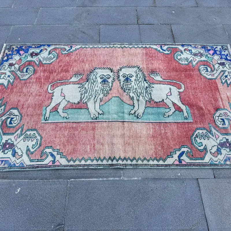 Vintage Rug, 3.7x6.5 ft Area Rug, Red Ikat Wool Turkish Rug - 1