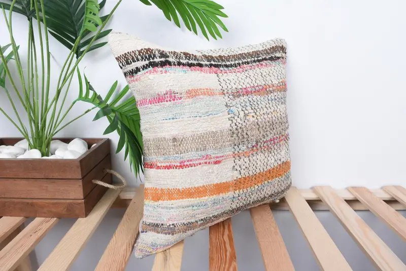 Pillow Case, Cotton Cushion Cover, Ethnical Kilim Rug Pillow, Throw Kilim Pillow, Vintage Kilim Pillow, 16x16 White Pillow Sham - 4