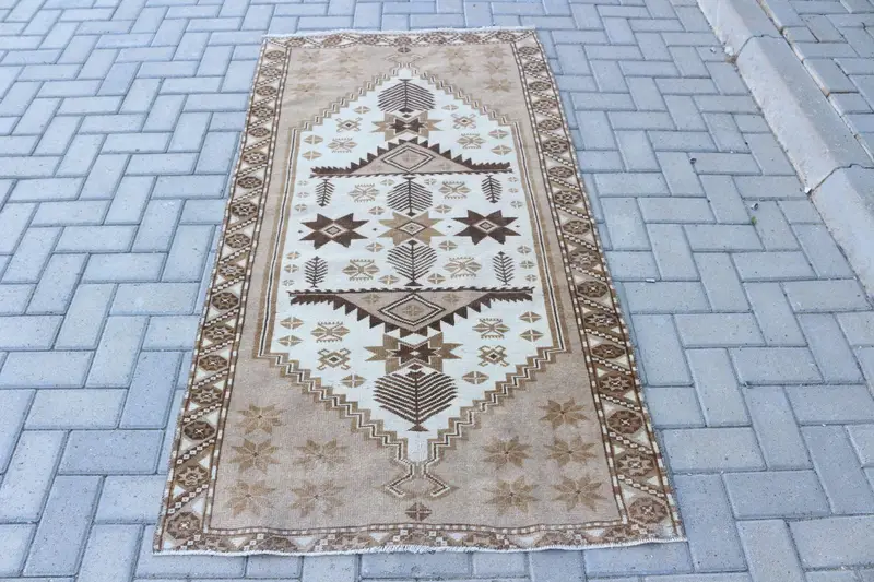 3.2x6 ft Türk Oushak Halısı, Vintage Halı, Kahverengi Bordürlü Yün Halı - 1